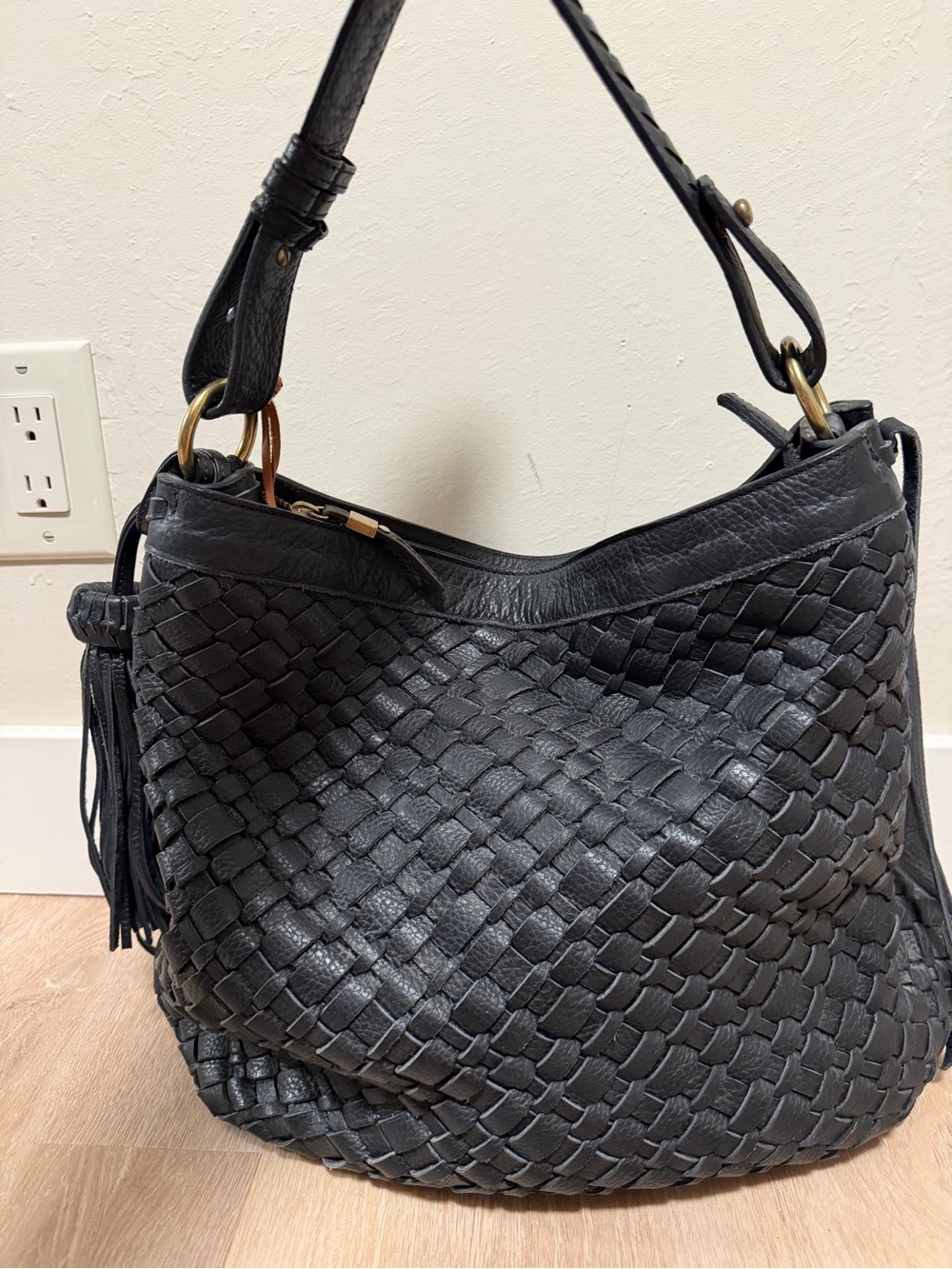 Black Woven Leather Shoulder Hobo Bag with Tassel